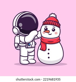 Cute Astronaut Playing With Snowman Cartoon Vector Icon Illustration. Science Holiday Icon Concept Isolated Premium Vector. Flat Cartoon Style