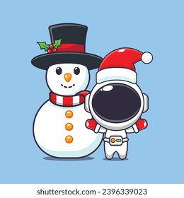 Cute astronaut playing with Snowman. Cute christmas cartoon character illustration. 