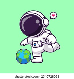 Cute Astronaut Playing Soccer With Earth Planet Ball Cartoon Vector Icon Illustration. Science Sport Icon Concept Isolated Premium Vector. Flat Cartoon Style