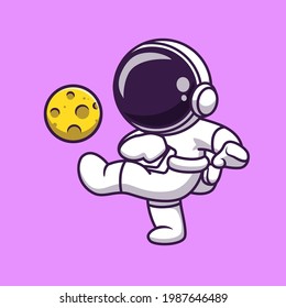 Cute Astronaut Playing Soccer Moon Cartoon Vector Icon Illustration. Science Sport Icon Concept Isolated Premium Vector. Flat Cartoon Style