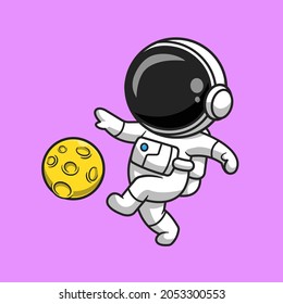 Cute Astronaut Playing Soccer Moon Cartoon Vector Icon Illustration. Sport Science Icon Concept Isolated Premium Vector. Flat Cartoon Style