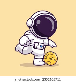 Cute Astronaut Playing Soccer With Moon Ball Cartoon Vector Icon Illustration. Science Food Icon Concept Isolated Premium Vector. Flat Cartoon Style