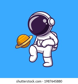 Cute Astronaut Playing Soccer Planet Cartoon Vector Icon Illustration. Science Sport Icon Concept Isolated Premium Vector. Flat Cartoon Style