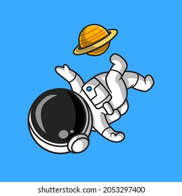 Cute Astronaut spielen Fußball Planet Cartoon Vektorsymbol Illustration. Sportwissenschaftliche Icon Konzept isolierter Premium-Vektorgrafik. Flachbildkartonstil