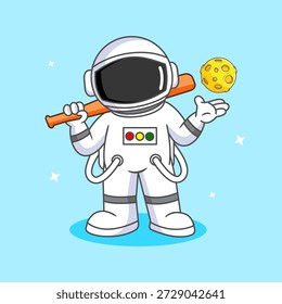 Lindo astronauta jugando béisbol espacial con bola de luna Ilustración vectorial diseño de dibujos animados