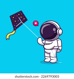 Cute Astronaut Playing Space Kite Cartoon Vector Icon Illustration. Science Technology Icon Concept Isolated Premium Vector. Flat Cartoon Style