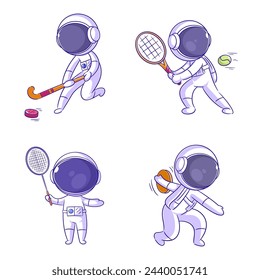 Cute astronaut playing sports game, cartoon style set