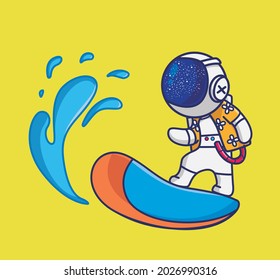 cute astronaut playing surfboard huge wave. cartoon travel holiday vacation summer concept Isolated illustration. Flat Style suitable for Sticker Icon Design Premium Logo vector. Mascot Character