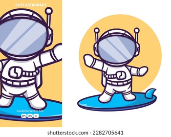Cute astronaut playing surfing cartoon icon illustration