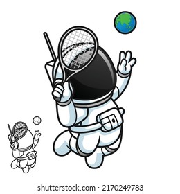 Cute Astronaut Playing Tennis With Earth Globe Ball With Black And White Line Art Drawing, Science Outer Space, Vector Character Illustration, Outline Cartoon Mascot Logo In Isolated White Background.