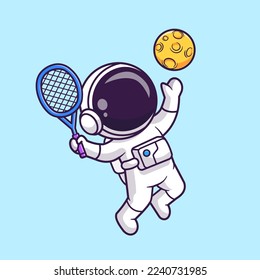 Cute Astronaut Playing Tennis Moon Ball Cartoon Vector Icon Illustration. Science Sport Icon Concept Isolated Premium Vector. Flat Cartoon Style