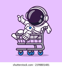 Cute Astronaut Playing With Trolley Cartoon Vector Icon Illustration Science Technology Icon Concept Isolated Premium Vector. Flat Cartoon Style