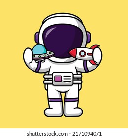 Cute Astronaut Playing Ufo And Rocket Toy Cartoon Vector Icon Illustration. science Technology Icon Concept Isolated Premium Vector.
