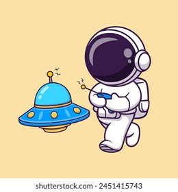 Netter Astronaut spielt UFO Spielzeug Cartoon Vektorgrafik Icon Illustration. Wissenschaft Technologie Icon Concept Isolated Premium Vektorgrafik. Flacher Zeichentrickstil