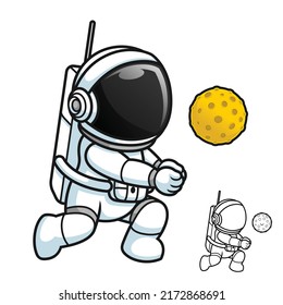 Cute Astronaut Playing Volleyball with Moon Ball with Black and White Line Art Drawing, Science Outer Space, Vector Character Illustration, Outline Cartoon Mascot Logo in Isolated White Background