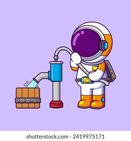 Cute astronaut playing with water pump cartoon character of illustration