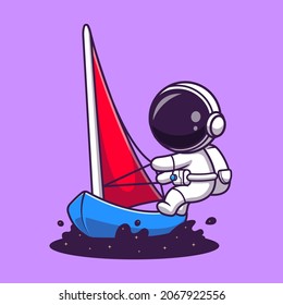 Cute Astronaut Playing Windsurfing In Space Cartoon Vector Icon Illustration. Science Sport Icon Concept Isolated Premium Vector. Flat Cartoon Style