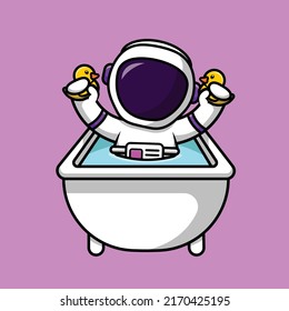 Cute Astronaut Playing Yellow Duck Toy In Bathtub Cartoon Vector Icon Illustration. Science Technology Icon Concept Isolated Premium Vector.
