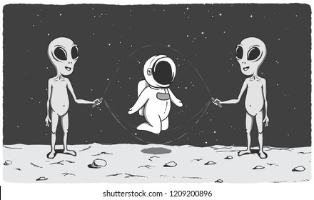 Cute astronaut plays with aliens on the Moon.Prints design.Space theme.Vector illustration