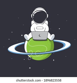 Cute astronaut plays on computer at the planet.Vector illustration