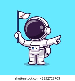 Cute Astronaut Pointing and Holding Rocket Flag Cartoon Vector Icon Illustration. Science Technology Icon Concept Isolated Premium Vector. Flat Cartoon Style