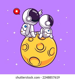 Cute Astronaut Pointing Star With Baby Astronaut On Moon Cartoon Vector Icon Illustration. Science Technology Icon Concept Isolated Premium Vector. Flat Cartoon Style