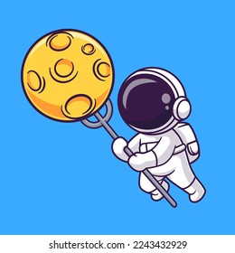 Cute Astronaut Poke Moon With Fork Cartoon Vector Icon Illustration. Science Technology Icon Concept Isolated Premium Vector. Flat Cartoon Style