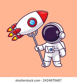 Cute Astronaut Poke Rocket With Fork Cartoon Vector Icon Illustration. Science Technology Icon Concept Isolated Premium Vector. Flat Cartoon Style