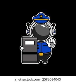 Cute Astronaut Police Officer with Riot Shield and Handcuffs, Adorable Space-Themed Illustration for Kids' Projects and Educational Materials.