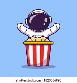 Cute Astronaut With Popcorn Cartoon Vector Icon Illustration. Science Food Icon Concept Isolated Premium Vector. Flat Cartoon Style