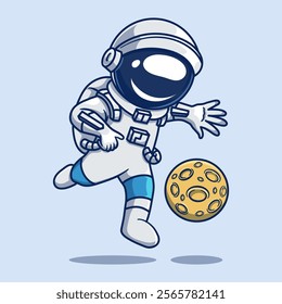 Cute Astronaut in Pose about to kick the Moon Cartoon Vector Illustration of Techno Science Icon