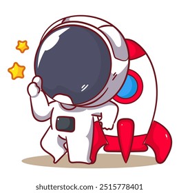 Cute astronaut posing in front of spaceship cartoon character. Space and science concept design. Hand drawn flat adorable chibi vector illustration. Icon logo mascot isolated background.