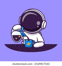 Cute Astronaut Pouring Space Tea Cartoon Vector Icon Illustration. Science Drink Icon Concept Isolated Premium Vector. Flat Cartoon Style