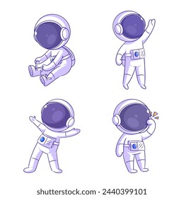 Cute astronaut preparing for activities, cartoon style set