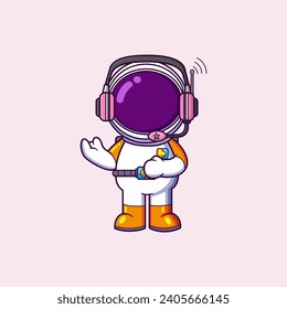 Cute Astronaut profesional reporter using earphone. Science Technology Icon Concept of illustration