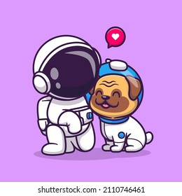 Cute Astronaut With Pug Dog Cartoon Vector Icon Illustration. Science Animal Icon Concept Isolated Premium Vector. Flat Cartoon Style