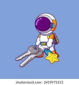 Cute astronaut pulling big key cartoon character of illustration