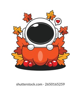 Cute astronaut in a pumpkin in autumn cartoon vector illustration