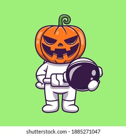 Cute Astronaut Pumpkin Halloween Holding Helmet Cartoon Vector Icon Illustration. Science Holiday Icon Concept Isolated Premium Vector. Flat Cartoon Style