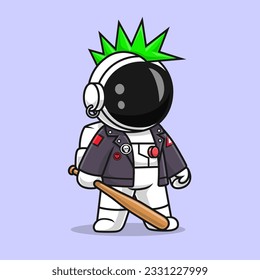 Cute Astronaut Punk Rock With Baseball Bat Cartoon Vector Icon Illustration. Science Holiday Icon Concept Isolated Premium Vector. Flat Cartoon Style