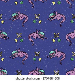 Cute astronaut purple dragon cartoon seamless vector pattern. Hand drawn space fantasy tile. All over print for planet and star blog on galaxy background. Universe home decor EPS 10.