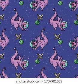 Cute astronaut purple dragon cartoon seamless vector pattern. Hand drawn space fantasy tile. All over print for planet and star blog on galaxy background. Universe home decor EPS 10.