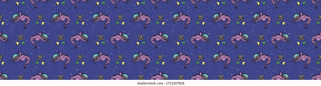 Cute astronaut purple dragon cartoon seamless vector border. Hand drawn space fantasy tile. All over print for planet and star blog on galaxy background. Universe home decor EPS 10.