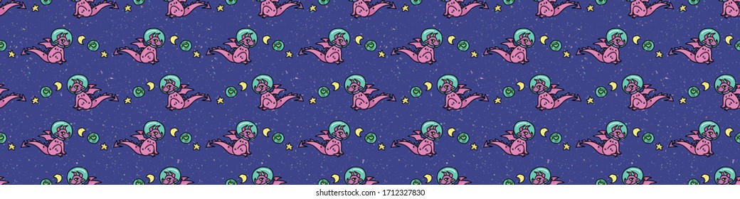 Cute astronaut purple dragon cartoon seamless vector border. Hand drawn space fantasy tile. All over print for planet and star blog on galaxy background. Universe home decor EPS 10.