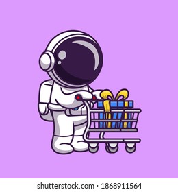 Cute Astronaut Push Trolley With Gift Cartoon Vector Icon Illustration. Science Business Icon Concept Isolated Premium Vector. Flat Cartoon Style