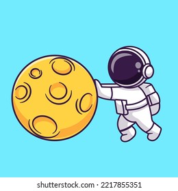 Cute Astronaut Pushing Moon Cartoon Vector Icon Illustration .    .Science Technology Icon Concept Isolated Premium Vector. Flat Cartoon Style