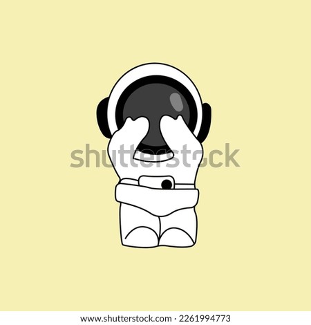 Cute astronaut pushing a trolley playing hide and seek, Cartoon Vector Icon Illustration. Flat Cartoon Style