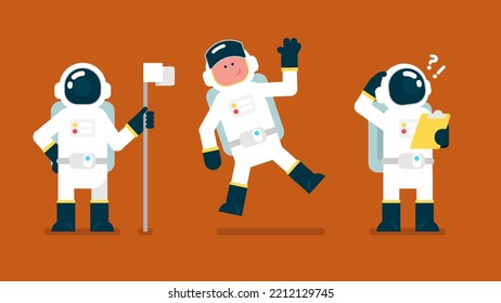 Cute Astronaut put white flag on moon, Space man floated in air, reading notes and feel confused and thinking, Science Technology Icon, Flat avatar vector