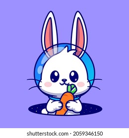 Cute Astronaut Rabbit Holding Carrot In Space Cartoon Vector Icon Illustration. Animal Science Icon Concept Isolated Premium Vector. Flat Cartoon Style