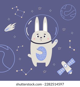 Cute astronaut rabbit in space on blue background with spaceship, stars, planets and meteorite. Vector illustration for baby collection, design, decor, cards and print